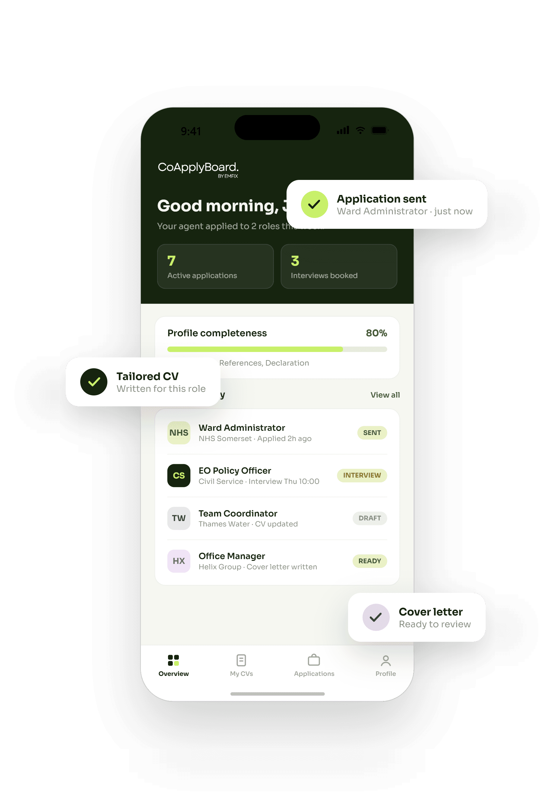 The CoApplyBoard dashboard on a phone: an application just sent, with the tailored CV and cover letter written for that role